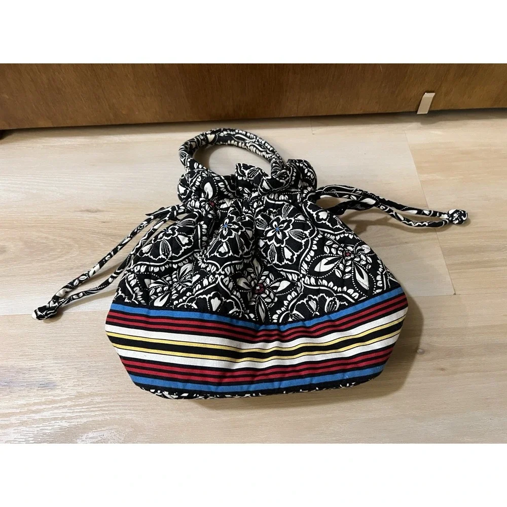 VERA BRADLEY Black White Stripe Barcelona Floral Pattern Bucket Bag Purse - Picture 8 of 8